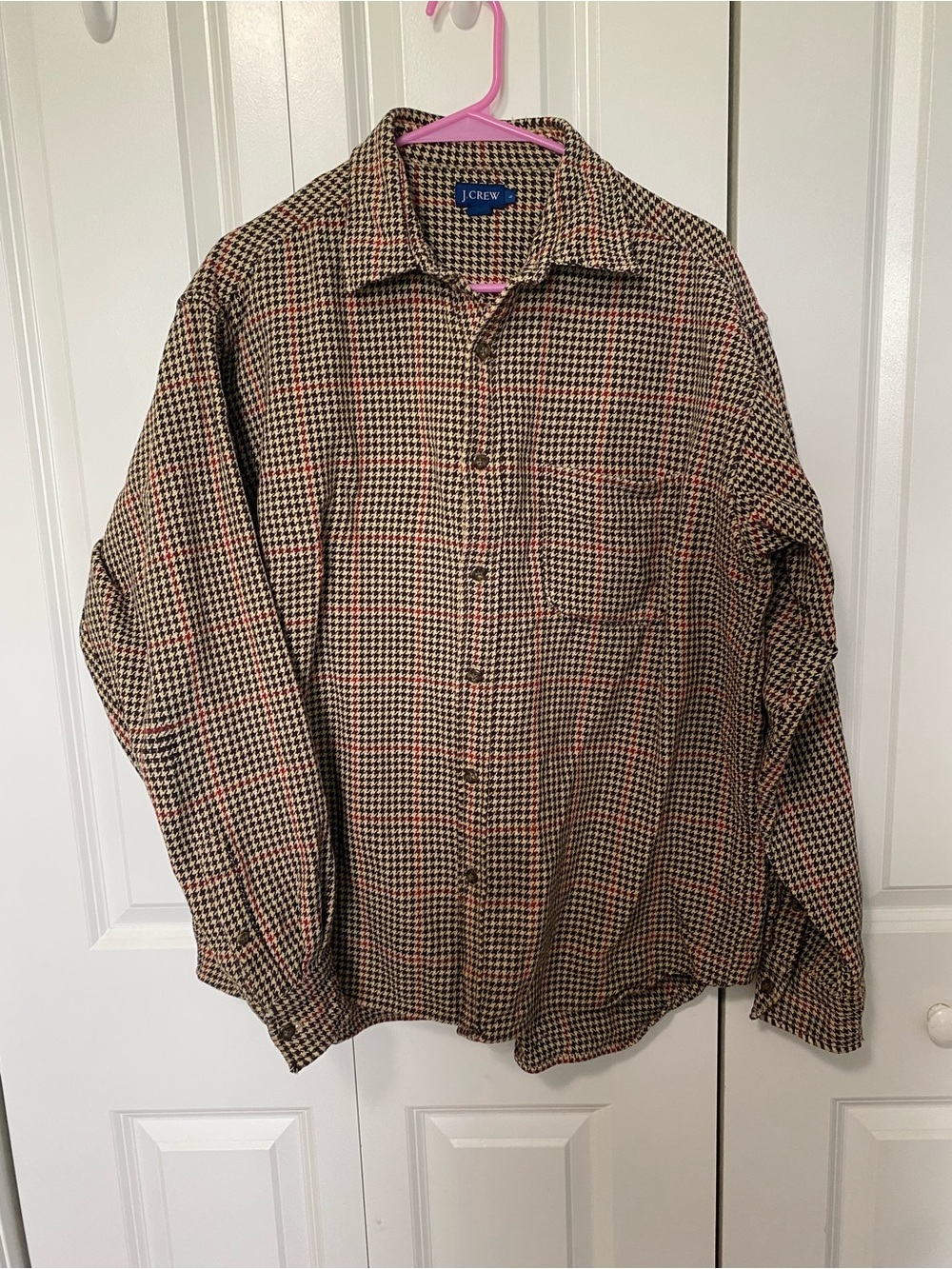 Vintage J. Crew Men's Brown and Tan Houndstooth Heavy Button-Down Shacket/Shirt - Picture 3 of 5